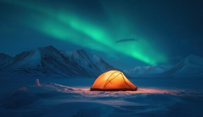 Glowing tent in snowy mountains under aurora filled sky creating breathtaking scene of nature beauty with orange light illuminating snow covered ground