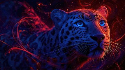 Fiery, spectral leopard head in vibrant red and blue