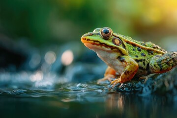 Fototapeta premium Green Frog on Rock in Stream at Dawn