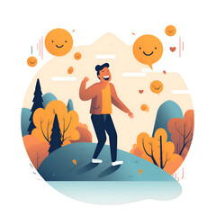 Joyful Man in Autumn Landscape. Happiness and Positive Emotions