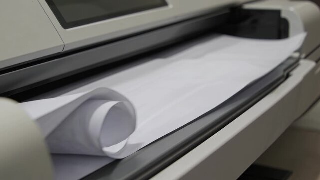 Closeup View of Paper Curling from a Printer, Focusing on the Process in a Modern Office Environment with a Detailed Look at the Machinery