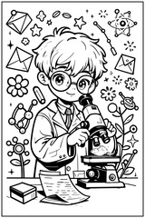 Black and white a cute young scientist boy line art illustration