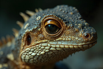 Fototapeta premium Close-up of Lizard Head with Detailed Scales and Brown Eye