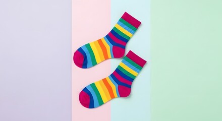 Colorful Rainbow Striped Socks Resting on Pastel Background for Fashion or Lifestyle Use