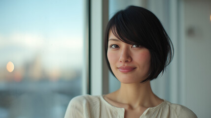 日本人若い女性が窓辺で静かにやさしく見つめる