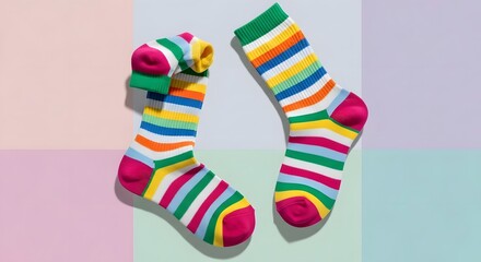 Colorful Striped Socks Brightly Colored Fashion Accessories on Pastel Background