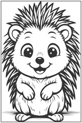 Black and white an adorable cartoon hedgehog line art illustration