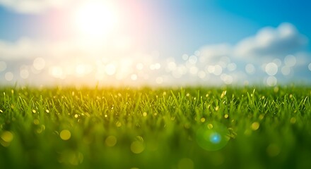 Obraz premium Green Grass Field Under Bright Sunny Blue Sky Bokeh