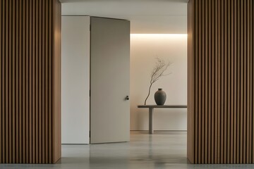 Modern interior hallway with open door and wood paneling