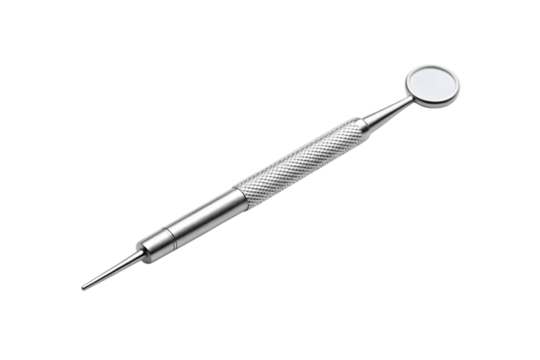 Dental mirror tool with textured handle for oral examination and professional dentistry procedures, isolated on a transparent background - Powered by Adobe