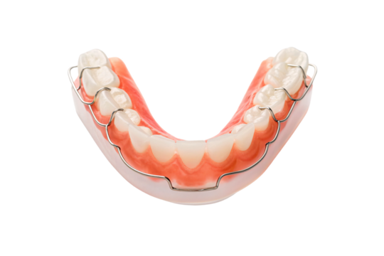 Pink and clear dental retainer appliance with metal wire for orthodontic teeth alignment, isolated on a transparent background