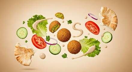 Vegetarian Falafel Salad with Fresh Vegetables and Pita Bread on Light Background