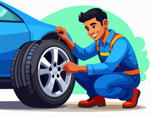 A smiling mechanic in blue overalls inspecting a car's tire, ready for service.