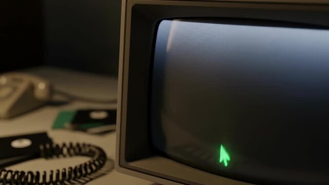 Green cursor on blinking screen of vintage computer terminal representing retro tech vibe