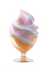 Soft serve ice cream swirled in glass dessert cup with delicate pink and peach tones against white background, isolated for menu and promotional designs.