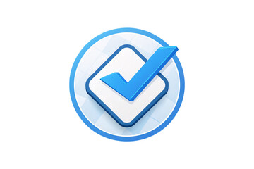 Blue circular badge with checkmark in rounded square frame design, isolated on a transparent background