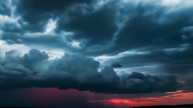 Dramatic timelapse of menacing storm clouds churning across sky above unsettling red horizon