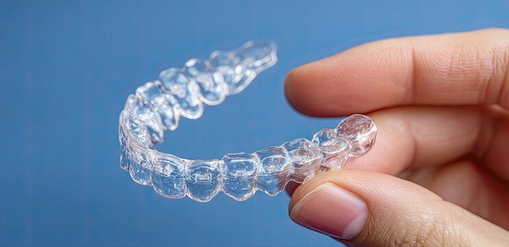 Clear plastic dental aligners held in a hand against a blue background