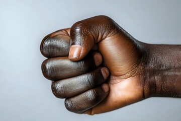 Obraz premium Close-up of African American male fist against light background showing strength, power, and determination, representing unity, protest or resilience.
