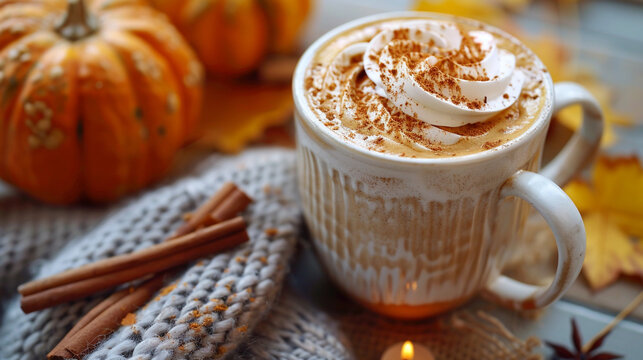 Pumpkin spice latte in a cozy caf?(C) setting, cinnamon sticks, pumpkin d?(C)cor, autumn leaves around.