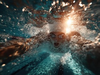 Underwater swimmer dives in pool; sunbeams through water