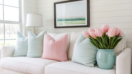 Naklejka premium A charming and cozy living room adorned with Easter inspired decor including a vase of pink tulips plush pillows and a rustic framed artwork creating a welcoming and peaceful spring time atmosphere
