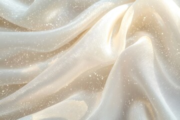 Abstract background with shimmering white and beige silk fabric, soft blurred light colors and sunlight sparkles creating elegant magical atmosphere