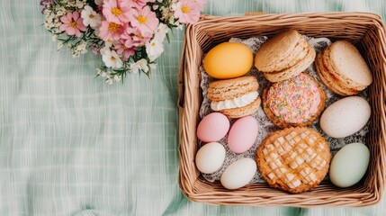 Pastel colored blankets and baskets filled with Easter treats like macarons cookies and dyed eggs create a charming and festive springtime picnic setup surrounded by a floral arrangement