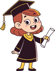 Happy cartoon girl wearing a graduation cap and gown holding a diploma celebrating her academic achievement with a cheerful expression