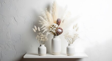Elegant White Vase Arrangement with Dried Pampas and Flowers on White Shelf