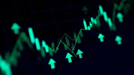 Fototapeta premium Financial candlestick chart with green upward arrows showing stock market performance,