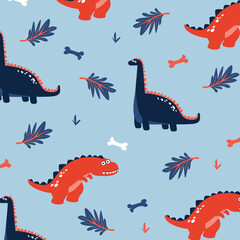 dinosaur brontosaurus and t-rex seamless pattern vector cartoon for kids apparel fullprint fabric