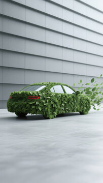 Eco-Friendly Car Enveloped in Lush Green Plants with Floating Leaves Against Minimalist Gray Background - Embodying Harmonious Nature-Technology Symbiosis
