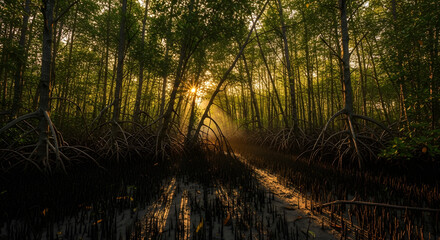 Golden Light Shining Through a Dense Mangrove Forest at Sunset