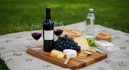 Naklejka premium Cheese and Wine Platter with Grapes and Snacks on Outdoor Table in Park