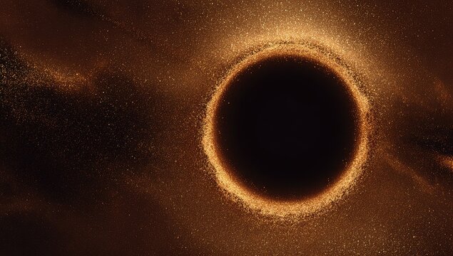 Dark, circular void surrounded by swirling, golden dust