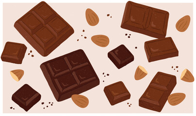 Cute Vector Illustration of Chocolate Blocks with Almonds, Sweet Cartoon Dessert