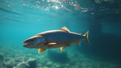 Fototapeta premium A trout swims gracefully in a clear stream, sunlight refracting through the water in cool blue tones.