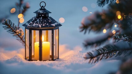 Glowing lantern with candle on snow near fir branches with Christmas lights in peaceful winter evening