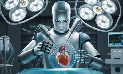 Robot Surgeon Performing Advanced Heart Surgery Medicine Technology