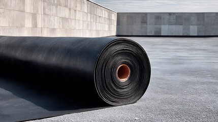 Black Waterproof Membrane Roll on Flat Rooftop with Modern Concrete Wall