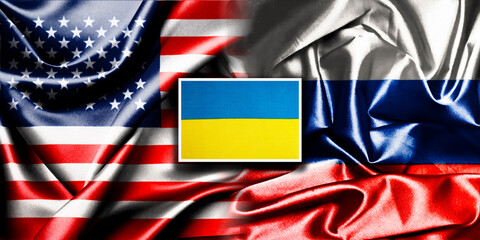 Ukraine vs USA vs Russia national flags icon, abstract Ukraine USA Russia politics economics relations conflict concept texture wallpaper.