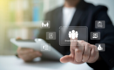 Businessman selecting employee benefits icon with healthcare family insurance salary and training symbols representing human resources perks staff welfare and workplace satisfaction concept