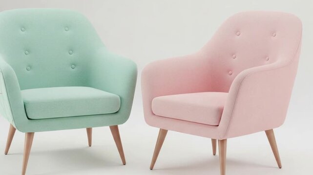 A 3D animated scene with two modern armchairs in a minimalist room