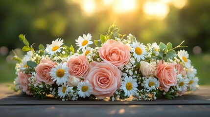 Delicate floral crown with pink roses and white daisies on rustic wooden surface at sunset, soft bokeh background creates romantic atmosphere for wedding photography.