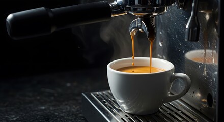 Fototapeta premium Fresh Coffee Being Brewed in White Mug Under Espresso Machine
