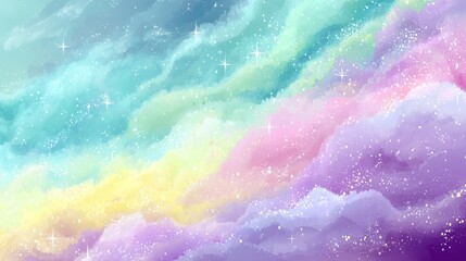 An abstract composition of harmonious blue-green and pink-purple hues blending seamlessly with delicate white starry spe