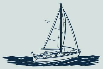 Sailboat on the water with sails up, simple line drawing