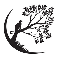 A black cat silhouette sits on a tree branch against a crescent moon and white background, isolated on white background