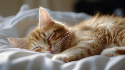 Obraz premium Sleeping ginger cat with long fur lying on white bedding in soft natural light, peaceful expression and relaxed posture showing feline contentment and comfort.